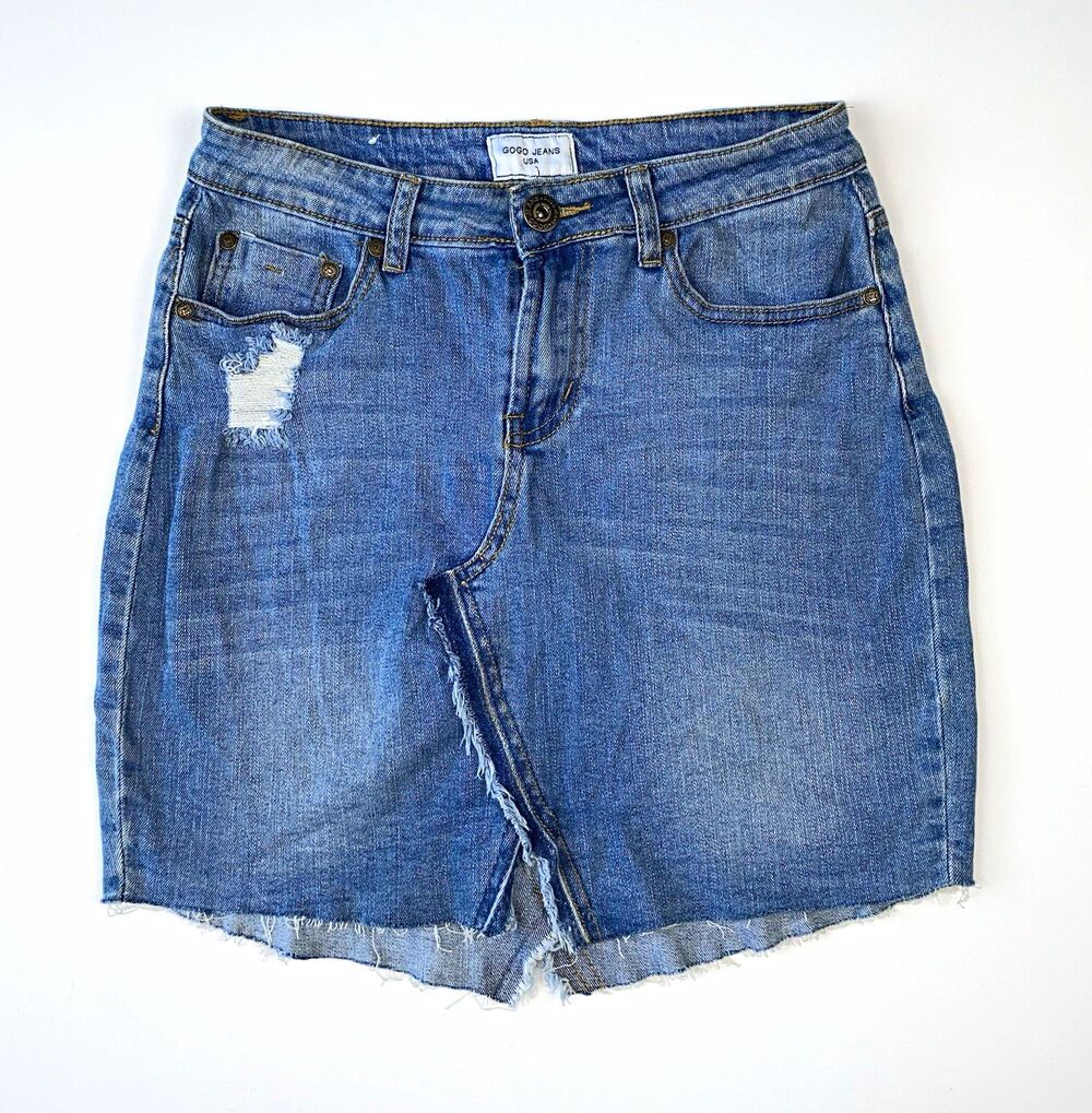 Gogo Jeans Womens Blue Denim Short Skirt Size 5 Pockets Zip Button Casual